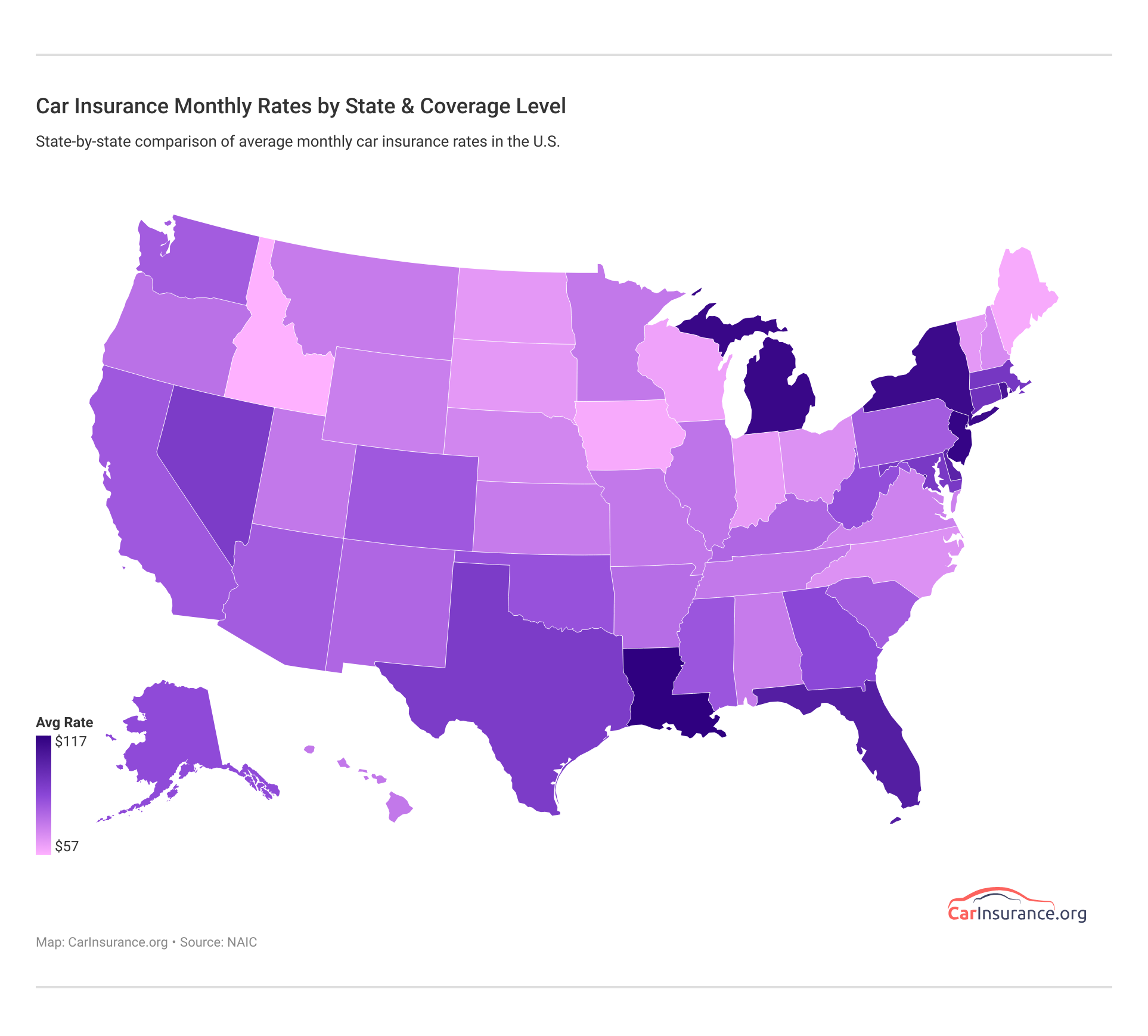 <h3>Car Insurance Monthly Rates by State & Coverage Level</h3>