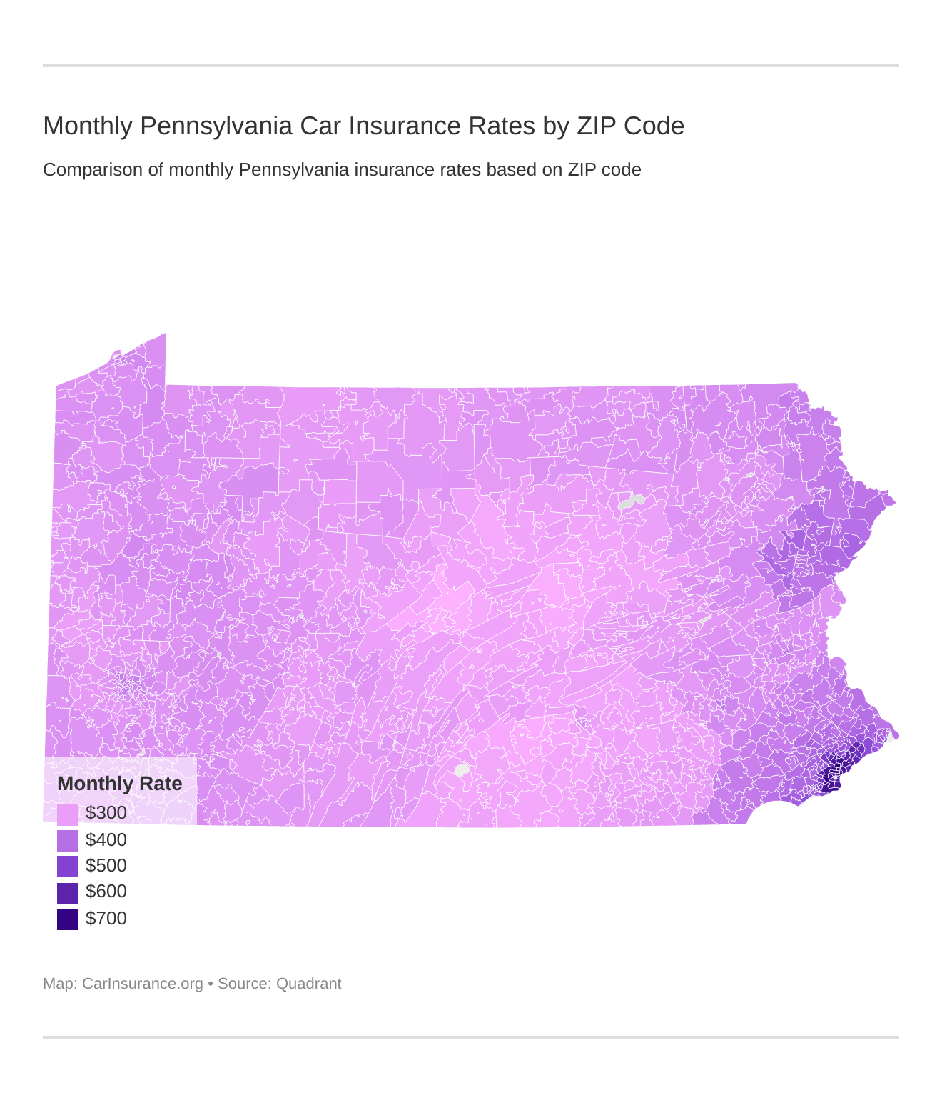 Monthly Pennsylvania Car Insurance Rates by ZIP Code